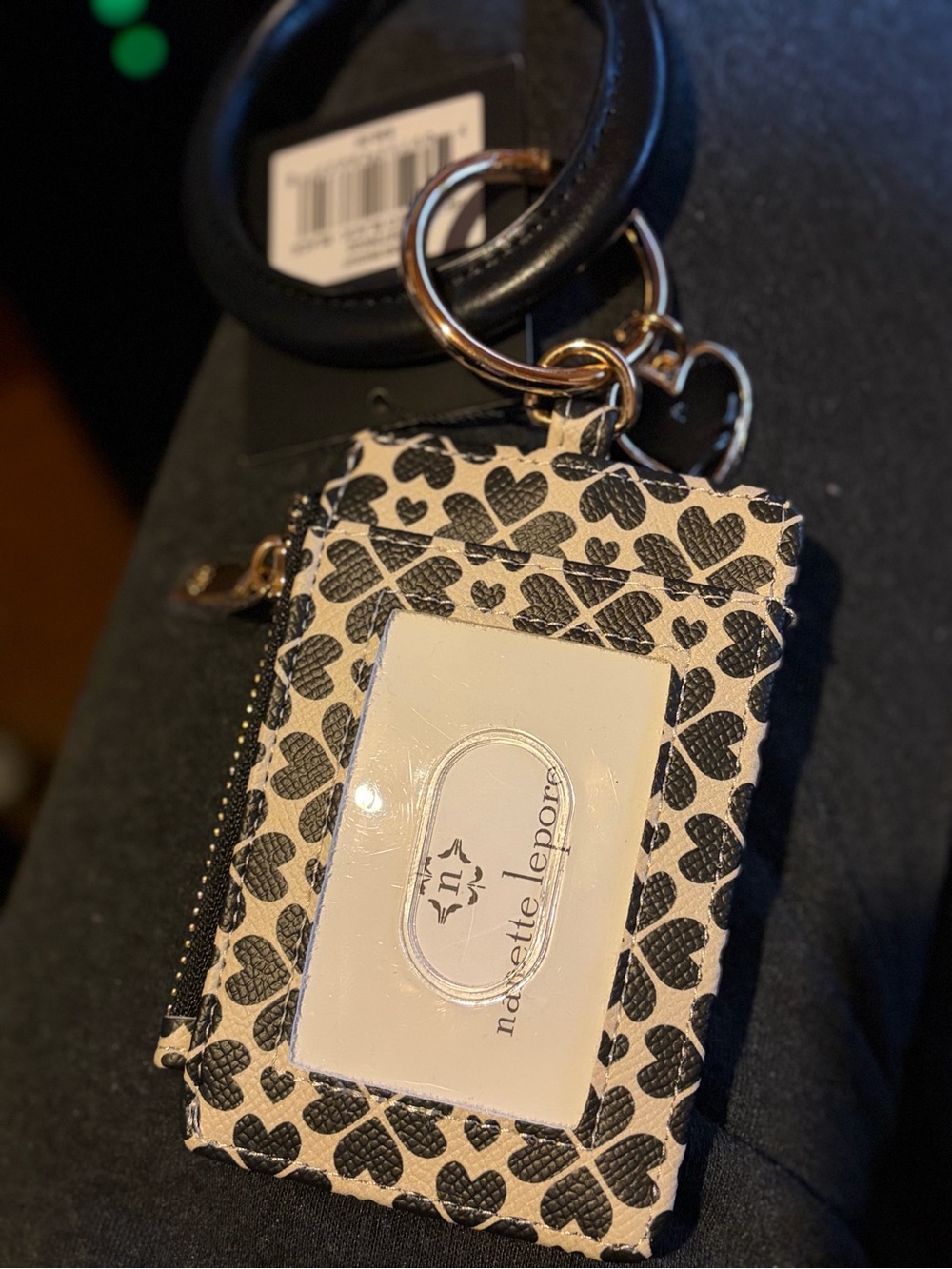 Nanette Lepore Black & Cream Heart Pattern Cardholder Keyring